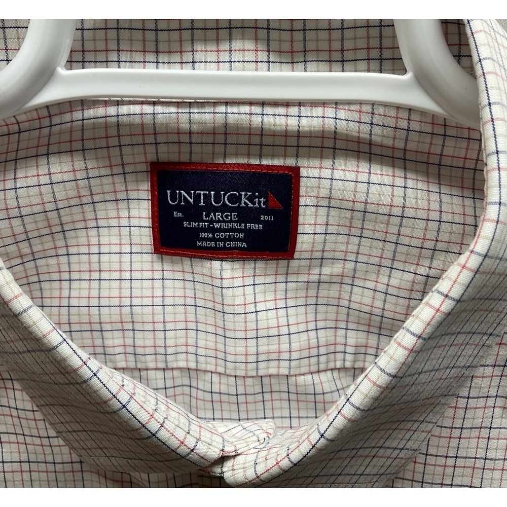Men's UNTUCKit‎ Long Sleeve Plaid Dress Shirt White Pink Blue Slim Fit Large - Picture 4 of 6